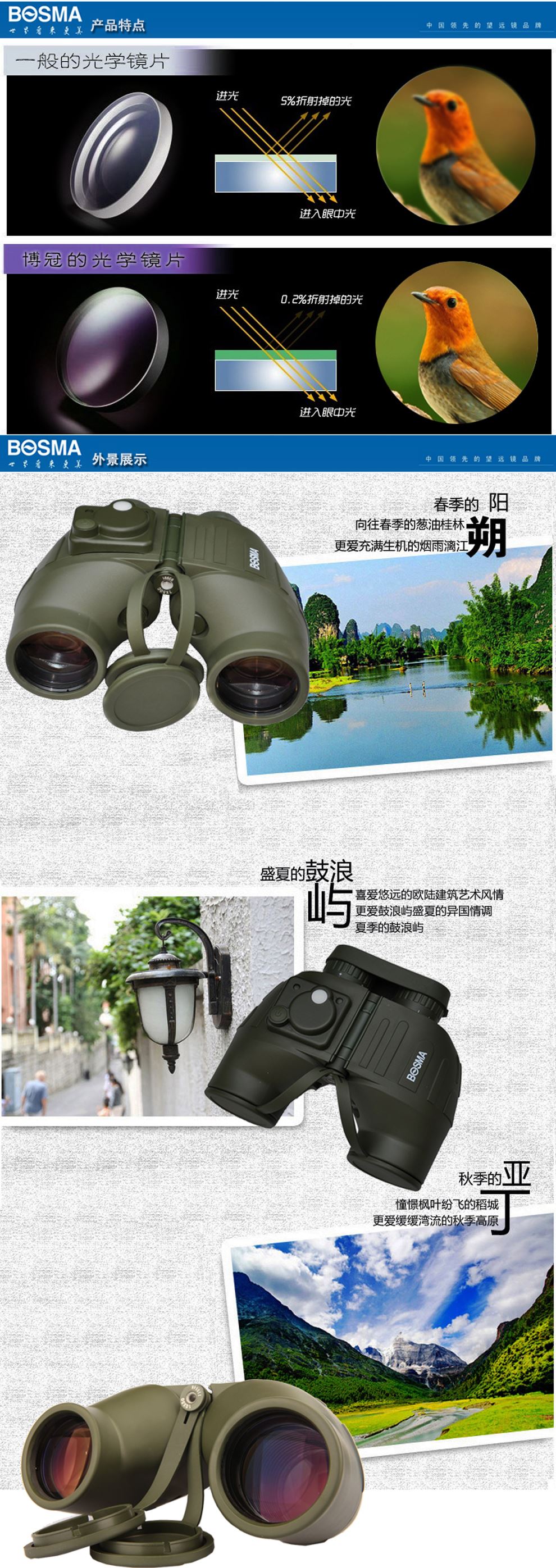 冠-Bosma 博冠 蛟龙7X50罗盘 双筒望远镜 军用