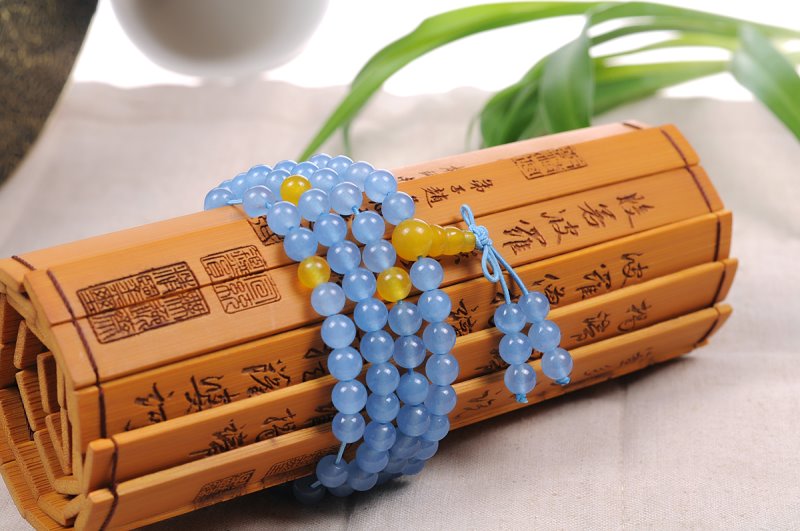 瑞福恒 东海天然水晶 蓝绒晶配黄玛瑙108粒佛珠手链 蓝绒晶手链 6mm SJ022-瑞福恒-报价 价格 图片